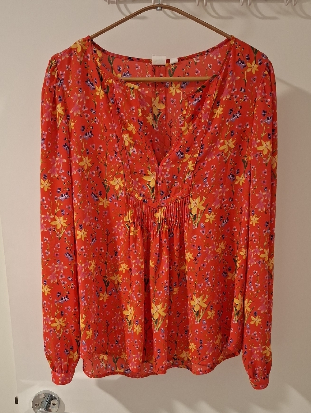 GAP Vibrant Orange/Coral Floral Print Boho-style Peasant Blouse (Size M)